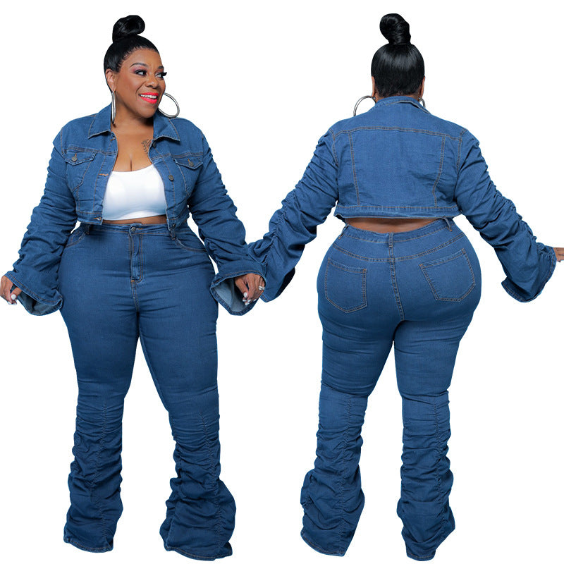 European And American Plus Size Women's Clothes Fall Winter Cowboy Two-piece Pleated Pile Pants