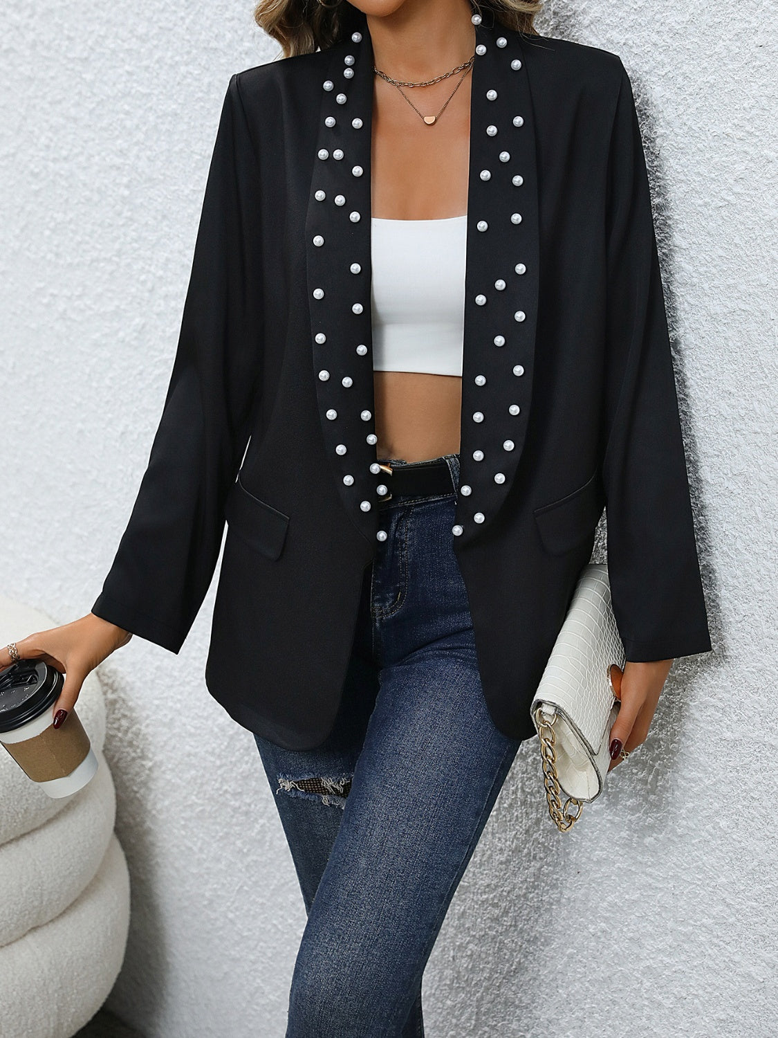 Pearl Detail Open Front Blazer